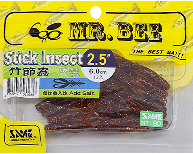 MR.BEE 蜜蜂先生 竹節蟲軟蟲 魚餌 2.5吋 12條, 紅色, 12個