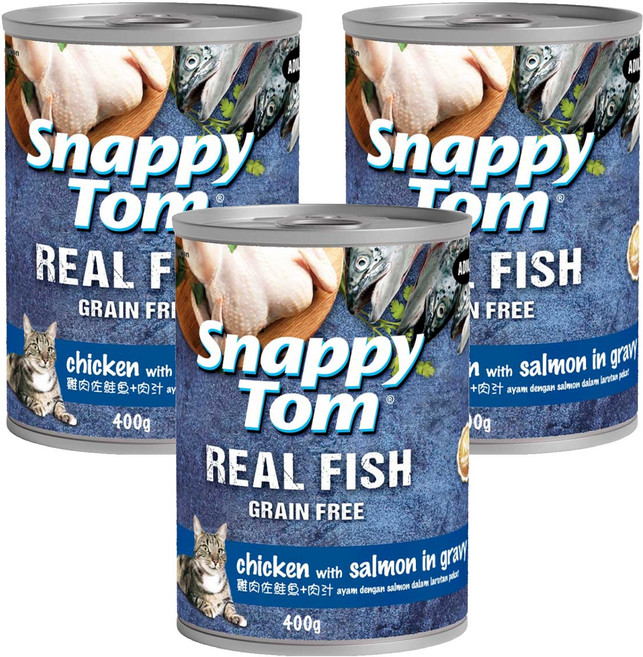 Snappy Tom 幸福貓 無穀大貓罐, 雞肉佐鮭魚 + 肉汁, 400g, 3罐