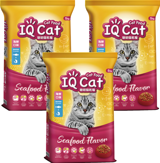 IQ Cat 聰明貓 成貓用 乾糧, 5kg, 3袋, 海鮮口味
