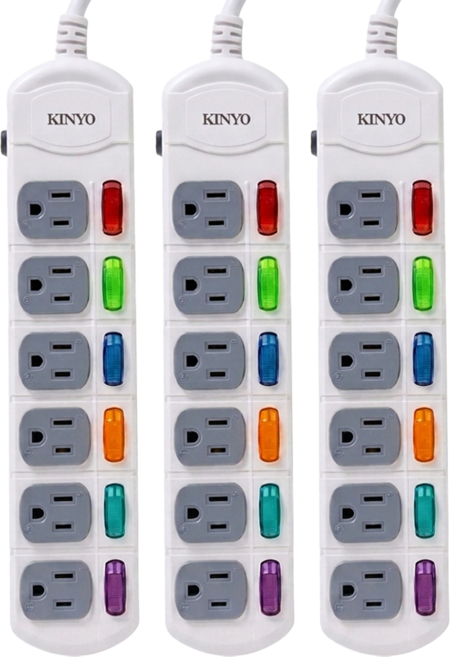 Kinyo 6開6插延長線 3孔 CG-166, 2.7m, 白色, 3條