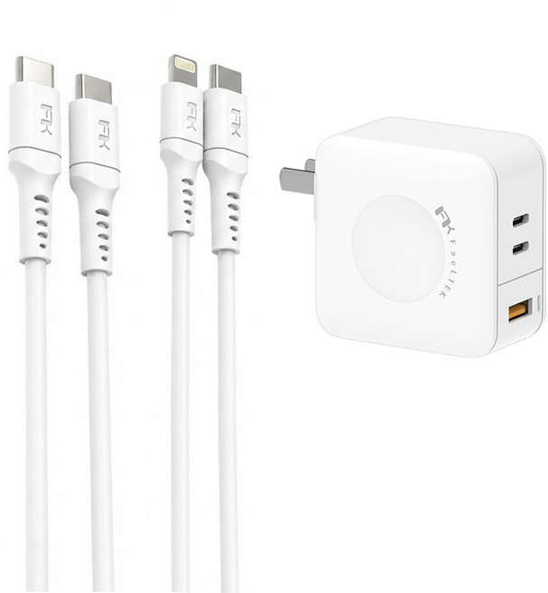 FeeLTEK 66W 3 Port USB-C to Lightning & USB-C to USB-C Cable 充電頭 充電器 PD Fast Charging 可折疊插腳 MFI認證 White 1組
