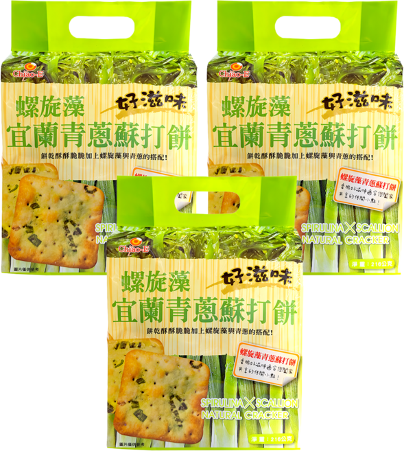 Chiao-E 巧益 螺旋藻宜蘭青蔥蘇打餅, 3袋, 216g