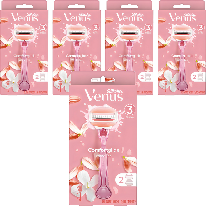 Gillette 吉列 Venus 維納斯 Comfort Glide 白茶女性除毛刀 + 刀片2入, 混色, 5個, 1套