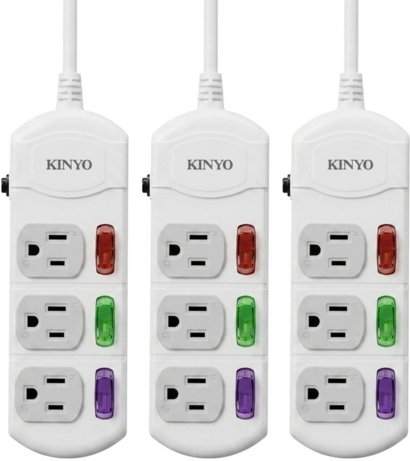Kinyo 3開3插延長線 3孔, 3個, 3.6m, 白色