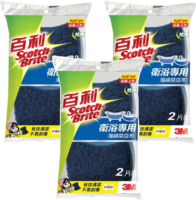 3M Scotch-Brite 百利 抗菌衛浴專用海綿菜瓜布 好握型 2片, 藍色, 3包