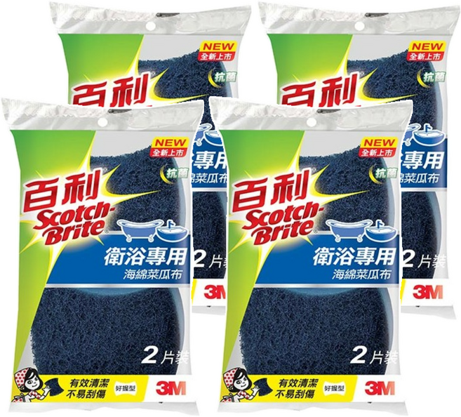 3M Scotch-Brite 百利 抗菌衛浴專用海綿菜瓜布 好握型 2片, 藍色, 4包