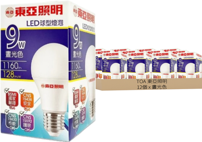 TOA 東亞照明 LED 球泡燈 9W LLA60-9AAD6, 晝光色(6500K), 12個