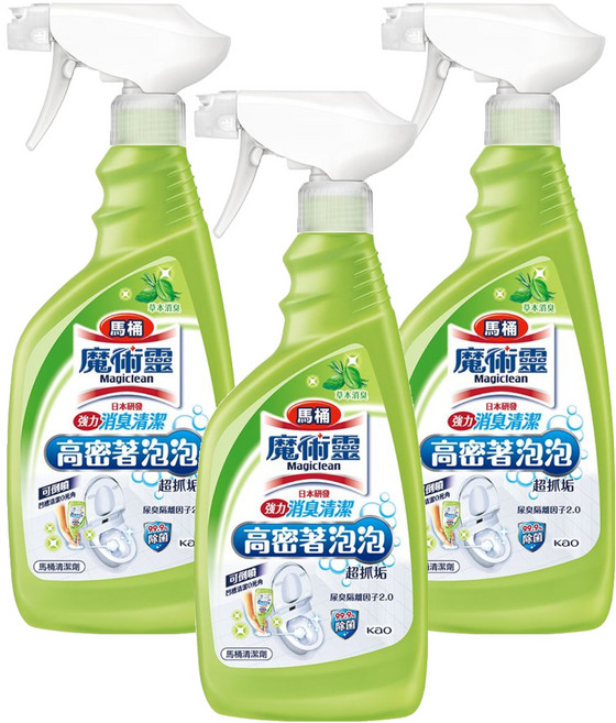 Kao 花王 Magiclean 魔術靈 台灣公司貨 高密泡馬桶清潔劑 噴槍式 草本消臭, 500ml, 3瓶