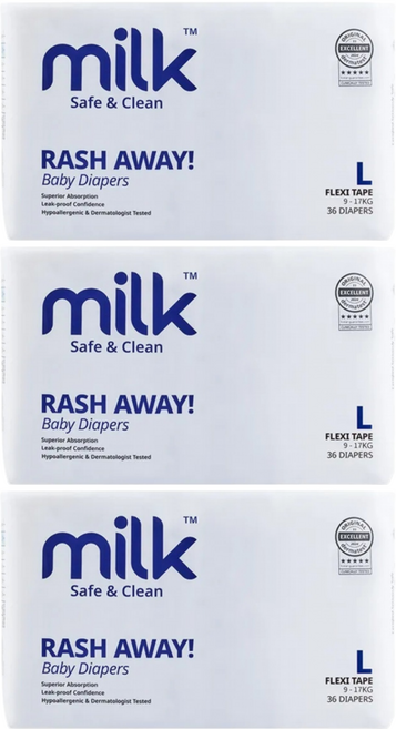 MILK TM 鎖水芯牛奶尿布 黏貼型 9~17kg, 108片, L