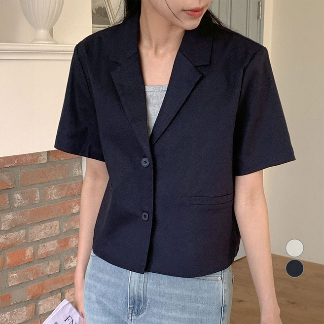 afinar 女款亞麻混紡短袖短版西裝外套