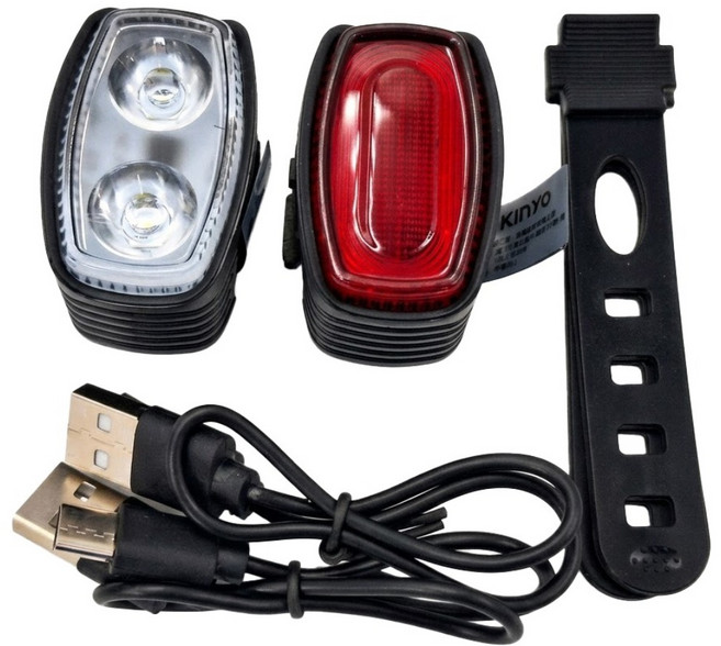 Kinyo 充電式自行車燈組 附USB充電線 + 綁帶, 白色前燈/紅色尾燈, 1組