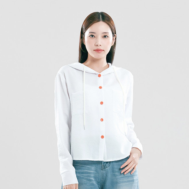 Elsso 女款泡泡紗輕薄鈕扣連帽長袖亞麻襯衫