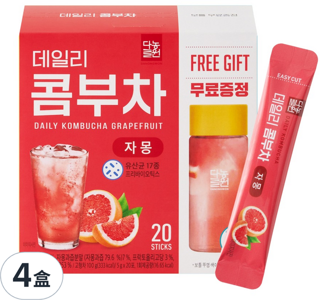 Danongwon 乳酸菌康普茶 + 瓶子 西柚, 5g, 20包, 4盒