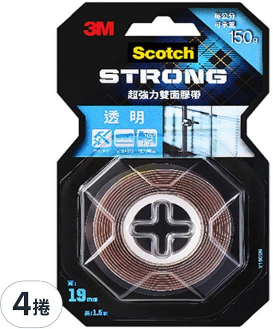 3M Scotch 超強力雙面膠帶 V1909N, 透明, 4捲