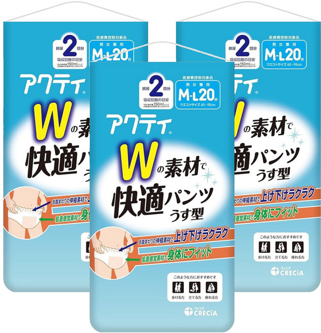 日本製紙 男女款 Acty W薄型成人紙尿褲, M~L, 3包, 20片