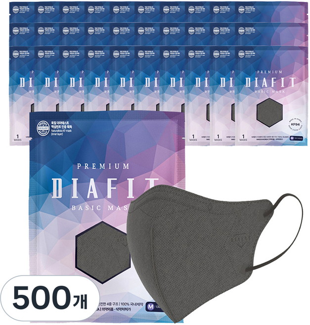 NATURAL KISS Diap-fit 鳥嘴型口罩 中型 KF94, 深灰色, 500個, 1入