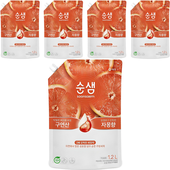 AEKYUNG 愛敬 順泉檸檬酸葡萄柚香洗碗精, 葡萄柚/柳橙, 1.2L, 5個