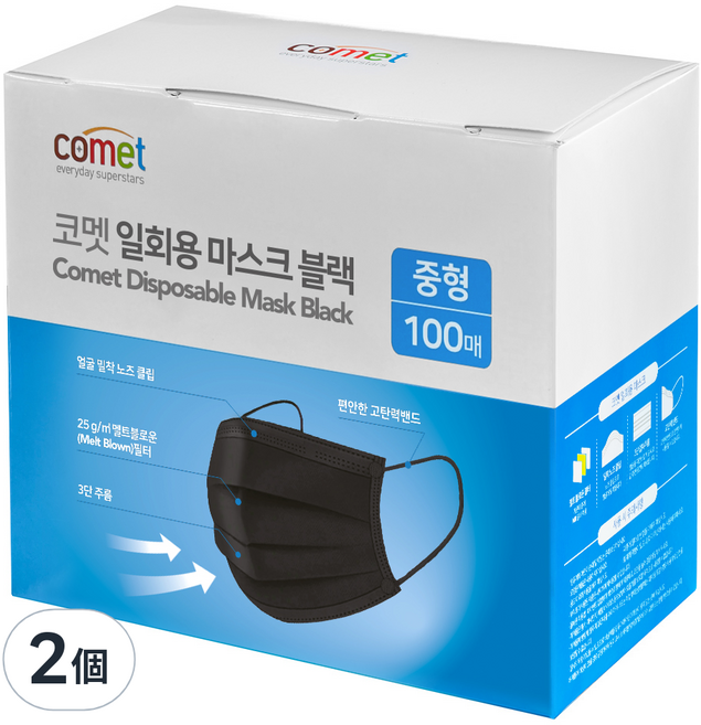 comet 中型一次性口罩, 100片, 2盒, 黑色