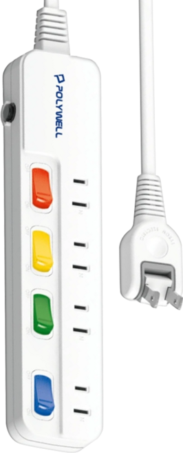 POLYWELL 寶利威爾 電源插座延長線4切4座2P PW15-T05-A064 12尺, 3.6m, 白色, 1條