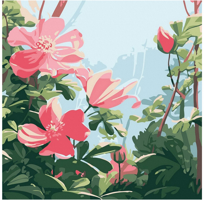 ArtLife 藝術生活 數字油畫DIY AQ002 20 x 20cm 含高級進口亞麻油畫布 + 實木内框 + 環保丙烯油畫顏料組合包 + 畫筆2支 + 壁掛釘組合 + 號碼線圖紙, 紅花綠葉, 1組