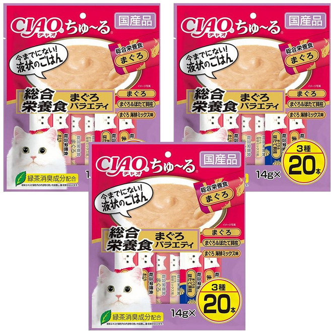 INABA CIAO 啾嚕 肉泥, 鮪魚、鮪魚 + 扇貝、鮪魚海鮮綜合, 280g, 3袋