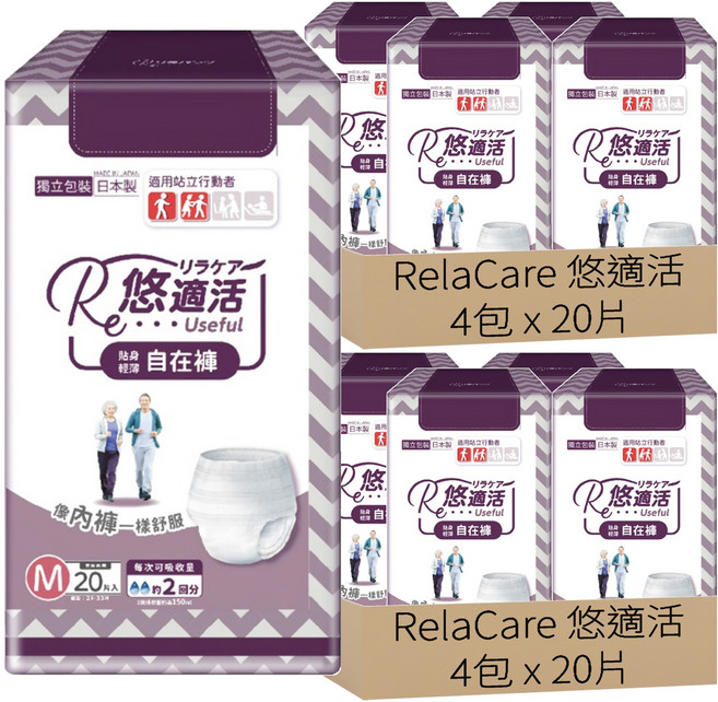 RelaCare 悠適活 貼身輕薄自在成人紙尿褲 日本製造, 20片, 8包