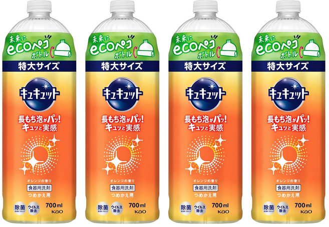 Kao 花王 Cucute 珂珂透 餐具洗碗精補充瓶 柑橘香, 700ml, 4瓶