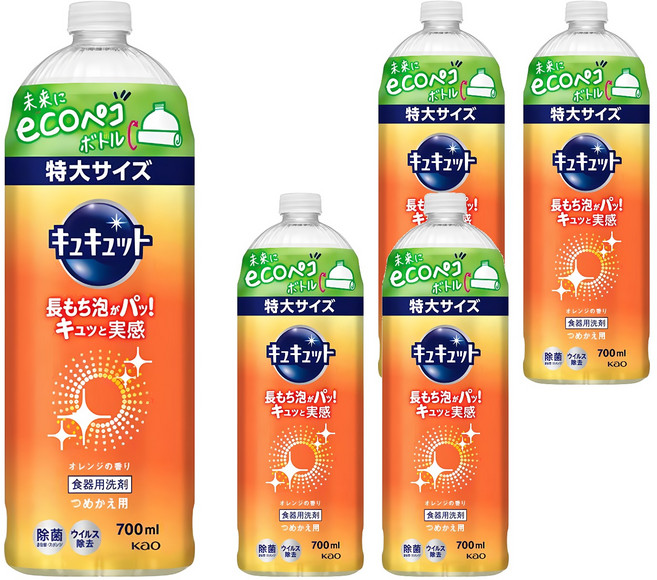 Kao 花王 Cucute 珂珂透 餐具洗碗精補充瓶 柑橘香, 700ml, 5瓶