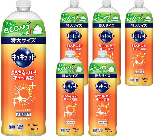 Kao 花王 Cucute 珂珂透 餐具洗碗精補充瓶 柑橘香, 700ml, 6瓶