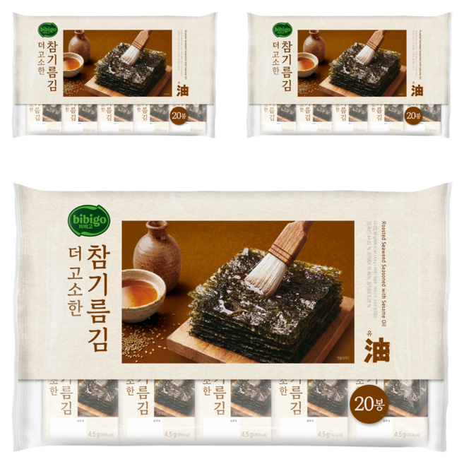 CJ bibigo 直火烘烤芝麻油海苔, 90g, 3袋