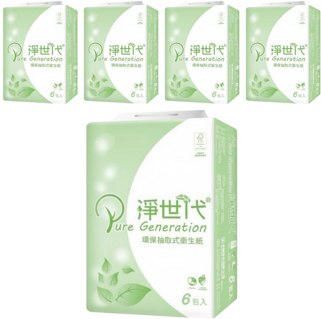 淨世代環保衛生紙抽取式 高溫殺菌 無漂白 使用再生紙漿, 6包, 5袋