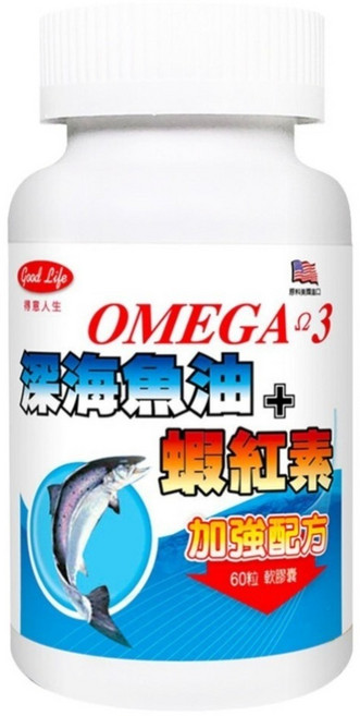good Life 得意人生 Omega 3深海魚油 + 蝦紅素 軟膠囊, 60顆, 1罐