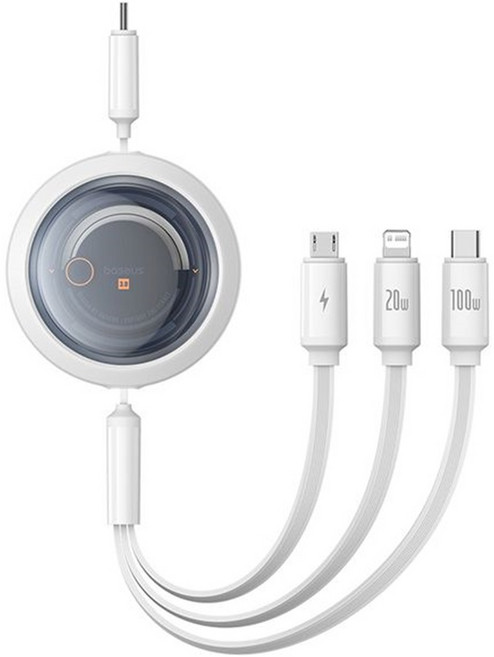 Baseus 倍思 Baseus 酷睿系列 Type-C to Micro-USB + Lightning + Type-C 100W 隨意拉伸快充傳輸線, 皓月白, 1.1m, 1條