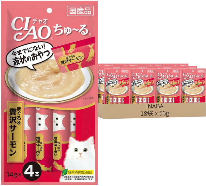INABA CIAO 啾嚕 肉泥, 鮪魚 + 鮭魚, 56g, 18袋