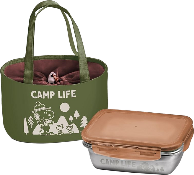 PEANUTS 史努比 CAMP LIFE 野營趣不銹鋼餐盒保溫提袋組 450g, 山綠, 1組