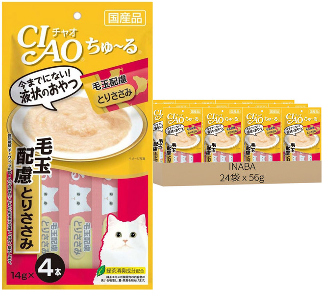 INABA CIAO 啾嚕 肉泥, 化毛配方 雞肉, 56g, 24袋