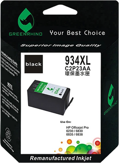 GREENRHINO 綠犀牛 for HP NO 934XL C2P23AA 黑色環保墨水匣 OfficeJet Pro/OJP 6230/6830/6835適用, 黑色, 1個