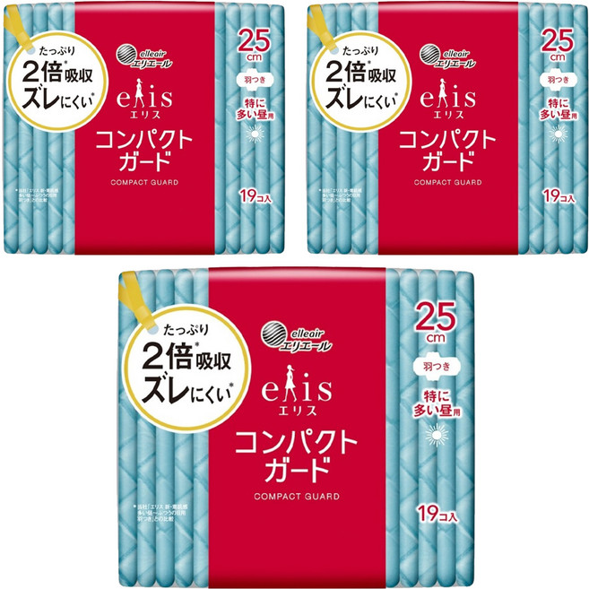 elleair 艾黎艾爾 elis 愛麗思 極致薄衛生棉 護翼型, 日用量多安心(25cm), 19片, 3包