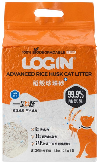 LOGIN 洛格 強效除臭稻殼貓砂 1.5mm, 1袋, 2.5kg, 無香