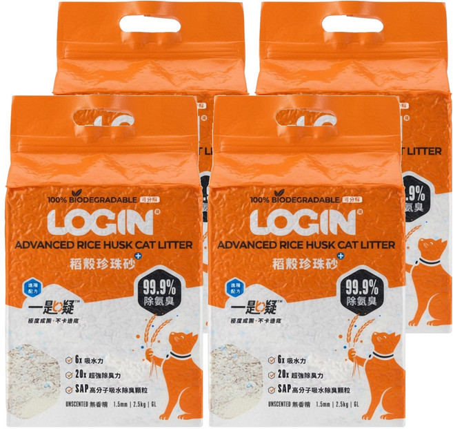 LOGIN 洛格 強效除臭稻殼貓砂 1.5mm, 4袋, 2.5kg, 無香