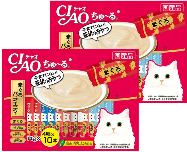 INABA CIAO 啾嚕 肉泥, 鮪魚&鮪魚 + 干貝&鮪魚 + 鱈場蟹&鮪魚 + 鮪魚片, 560g, 2袋