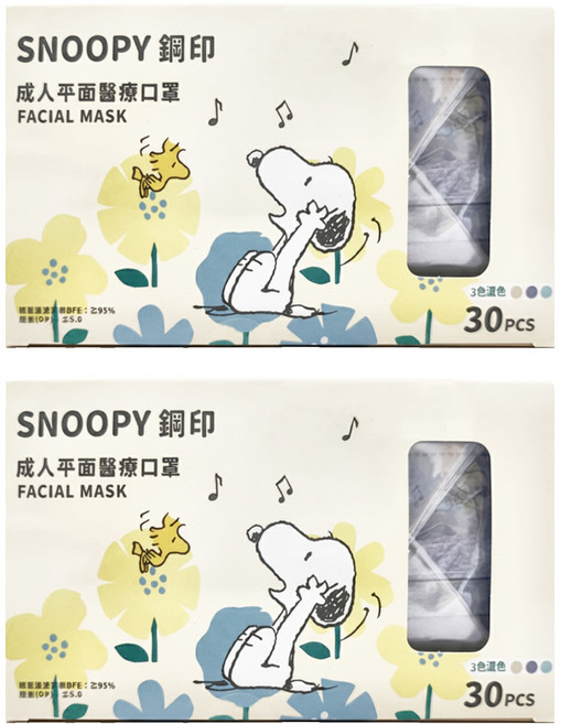 MITENXIN 天心生醫 史努比鋼印成人平面醫療口罩 175 x 95mm, 萱藍樂音, 30片, 2盒