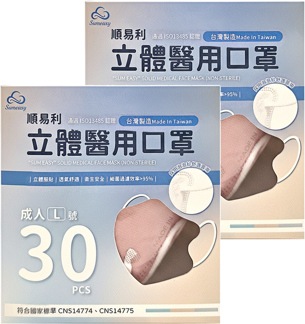 順易利 成人立體醫用口罩細耳 L, 玫瑰金色, 30片, 2盒