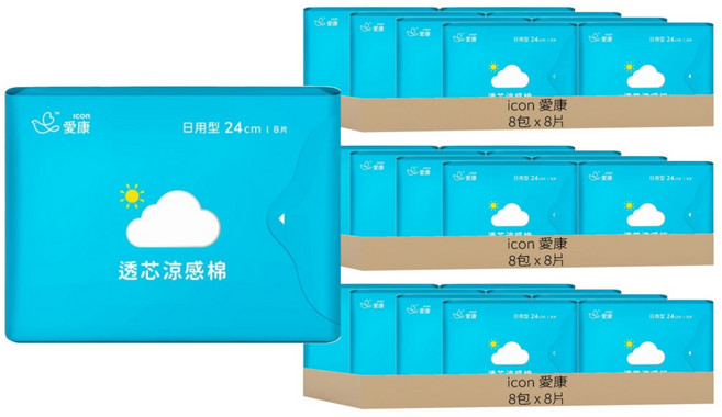 icon 愛康 透芯涼感棉 日用衛生棉 護翼型, 24cm, 8片, 24包