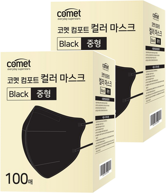 comet 舒適單色鳥嘴型口罩 M, 100片, 2盒, 黑色