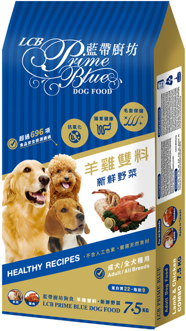 LCB 藍帶廚坊 成犬/全犬種用 乾飼料, 雞羊雙寶 + 新鮮野菜, 7.5kg, 1袋