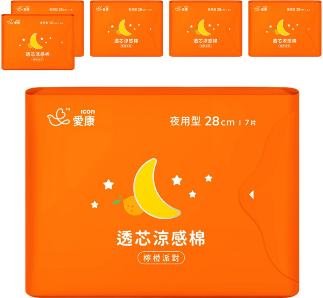 icon 愛康 透芯涼感衛生棉 檸橙派對 夜用型, 28cm, 7片, 6包