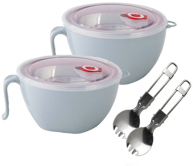 FAmILyLIFE 生活 316不鏽鋼隔熱保鮮泡麵碗 1200ml 2入組 附上蓋+湯叉匙, 1個, 蘇打藍