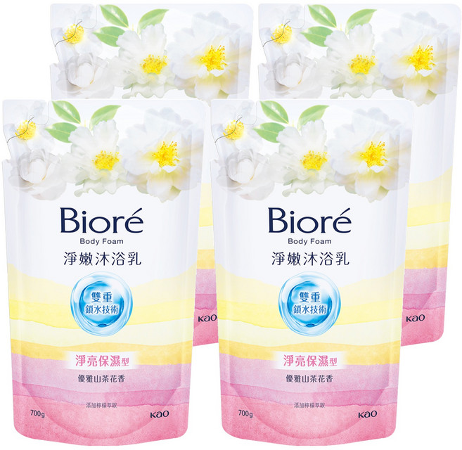 Biore 蜜妮 台灣公司貨 淨嫩沐浴乳 優雅山茶花香 淨亮保濕型 補充包, 700g, 4包