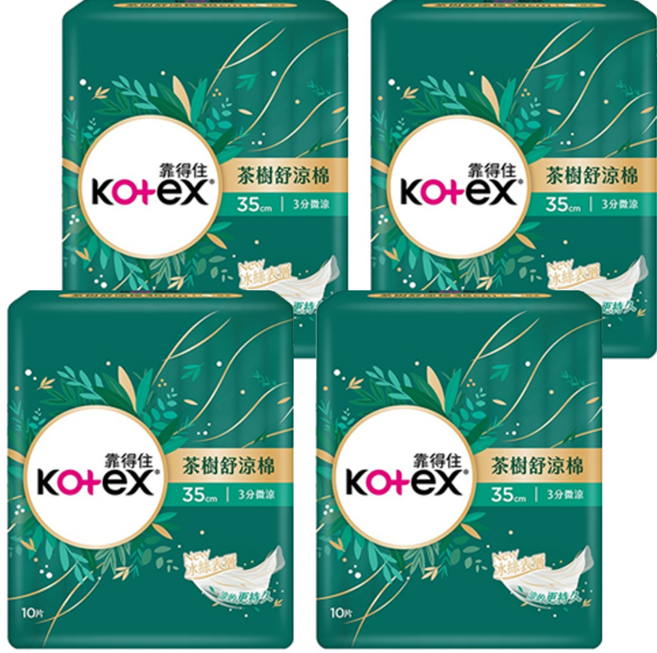 Kotex 靠得住 茶樹舒涼 涼感衛生棉 3分微涼 護翼型, 夜用量多型 35cm, 10片, 4包